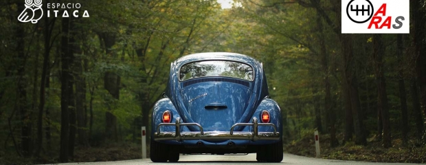 aparece un vehículo antiguo en una carretera que cruza un bosque