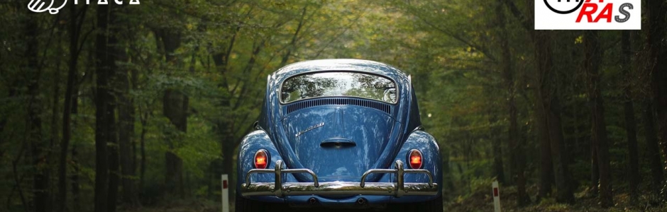 aparece un vehículo antiguo en una carretera que cruza un bosque