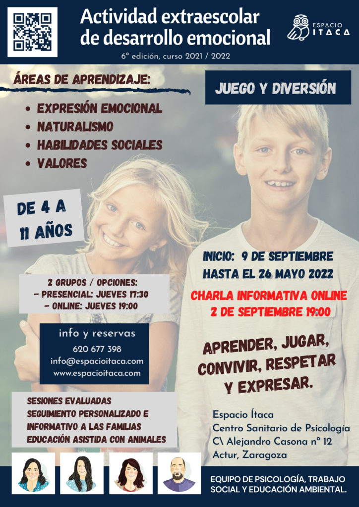 Cartel de la extraescolar, aparecen una niña y un niño, ambos sonriendo, con la información del proyecto