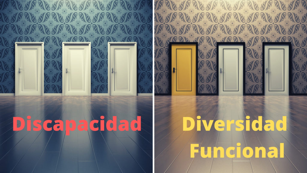 a la izquierda varias puertas iguales y pone discapacidad, a la derecha puertas de varios colores y pone diversidad funcional